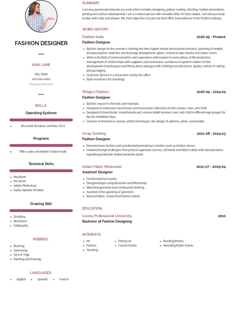 Fashion Designer Resume Sample and Template