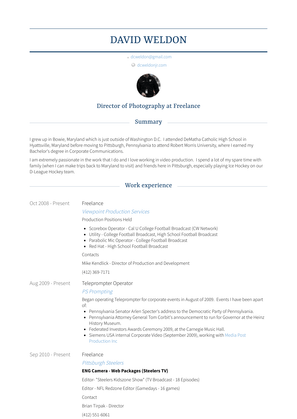 Freelance: Camera Operator Resume Sample and Template