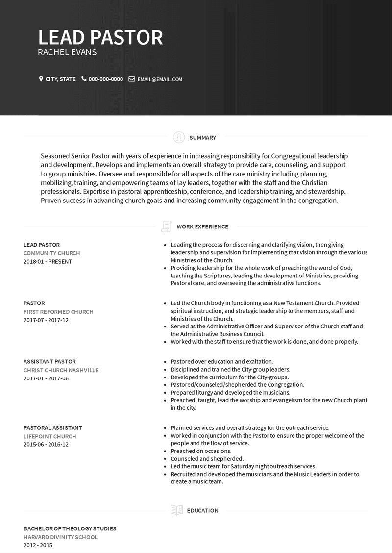 resume for executive pastor
