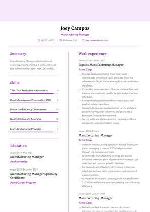 Manufacturing Manager Resume Sample and Template