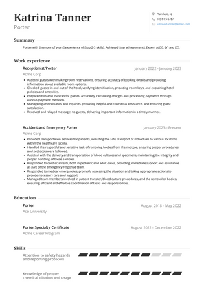 Porter Resume Sample and Template