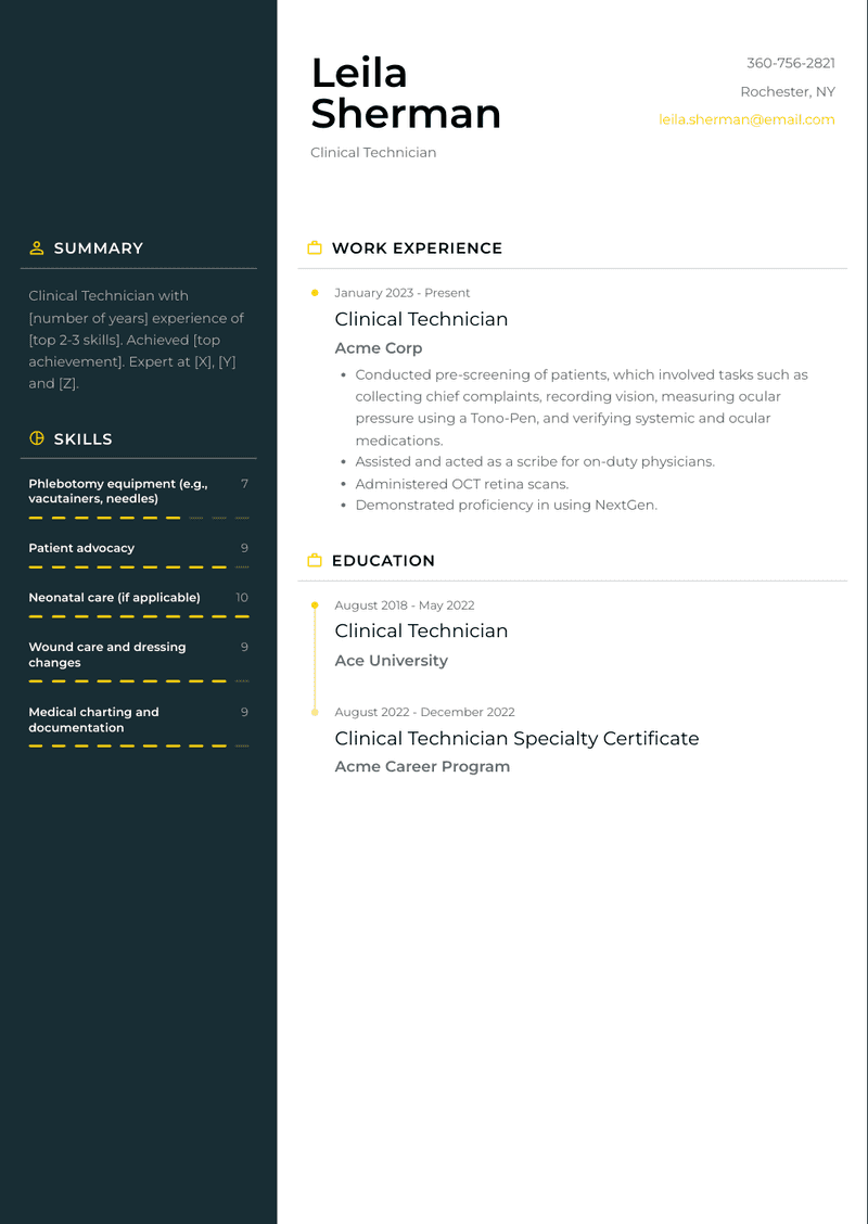 Clinical Technician Resume Sample and Template