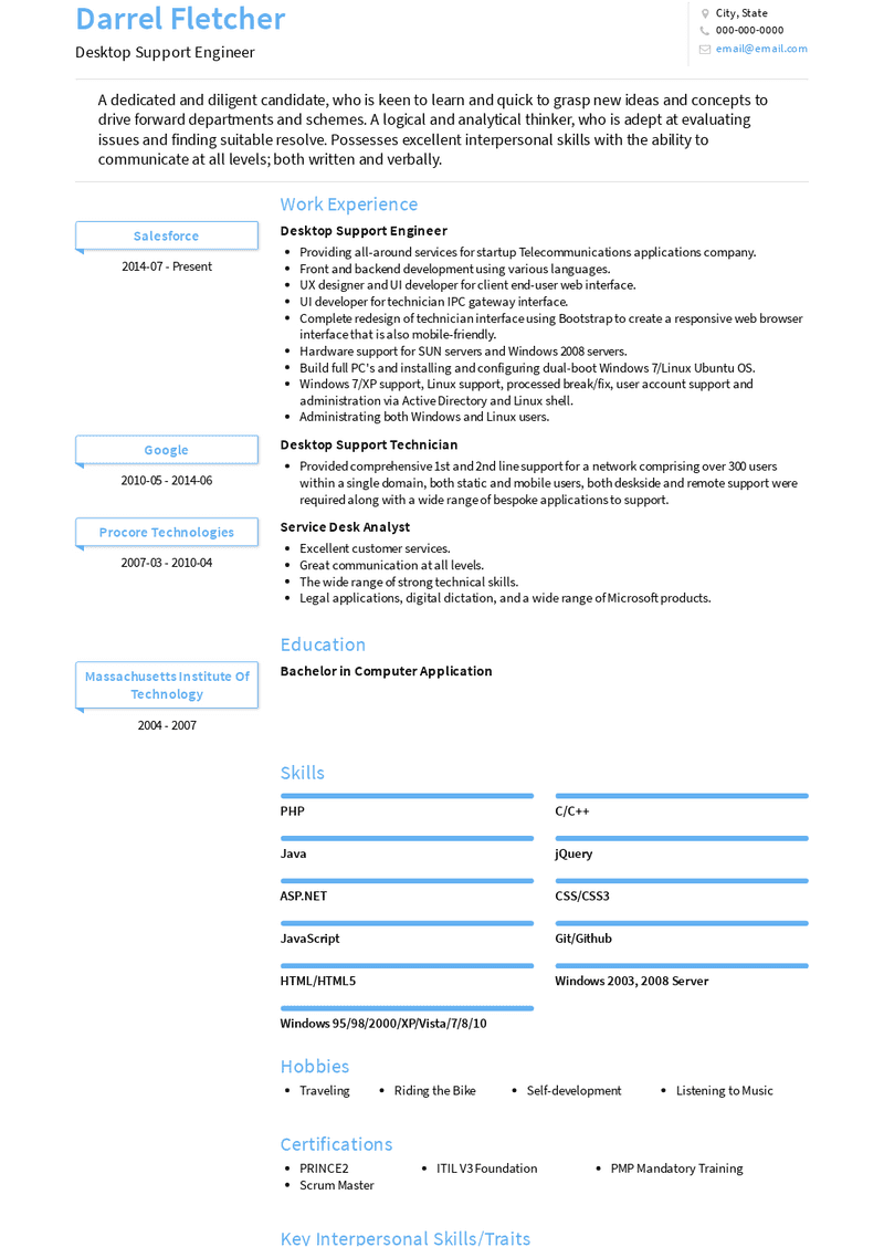 desktop support engineer fresher resume