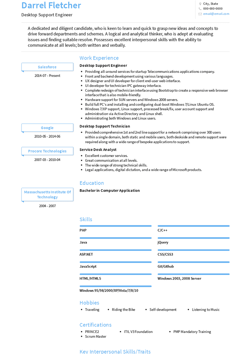 desktop support engineer resume word format free download