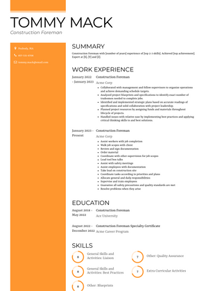 Construction Foreman Resume Sample and Template