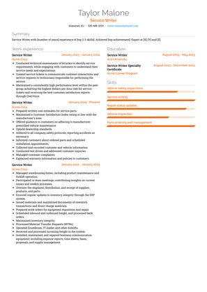 Service Writer Resume Sample and Template
