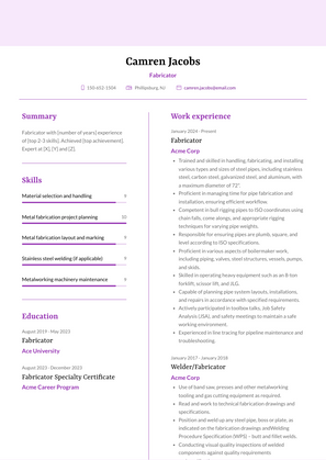 Fabricator Resume Sample and Template