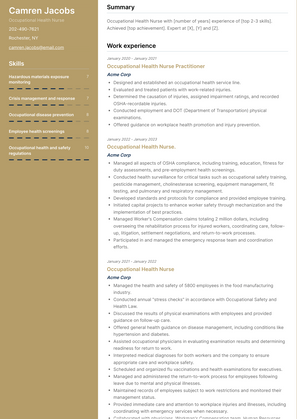 Occupational Health Nurse Resume Sample and Template