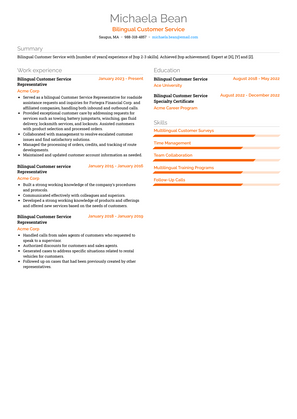 Bilingual Customer Service Resume Sample and Template