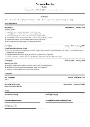 Driller Resume Sample and Template