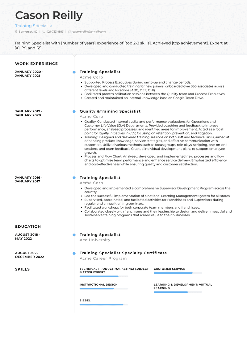 Training Specialist Resume Sample and Template