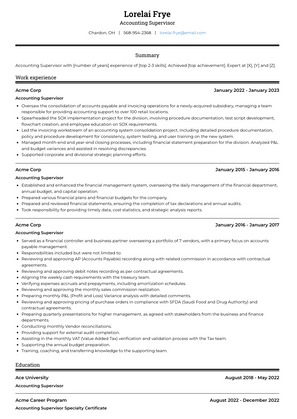 Accounting Supervisor Resume Sample and Template