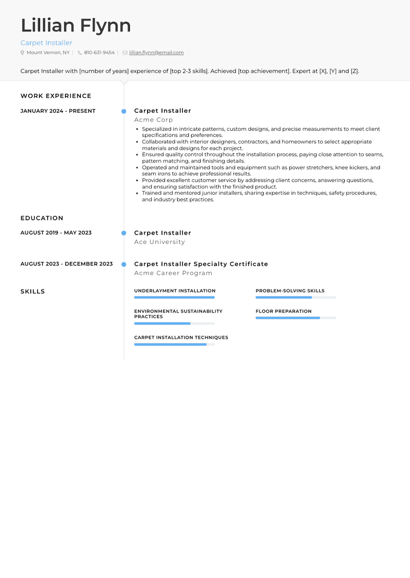 Carpet Installer Resume Sample and Template