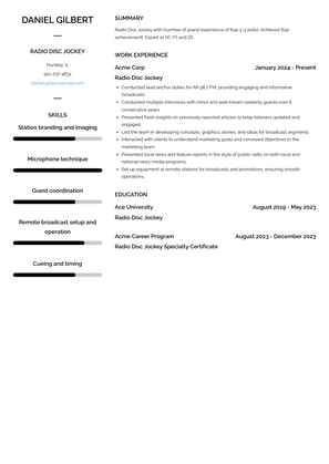 Radio Disc Jockey Resume Sample and Template