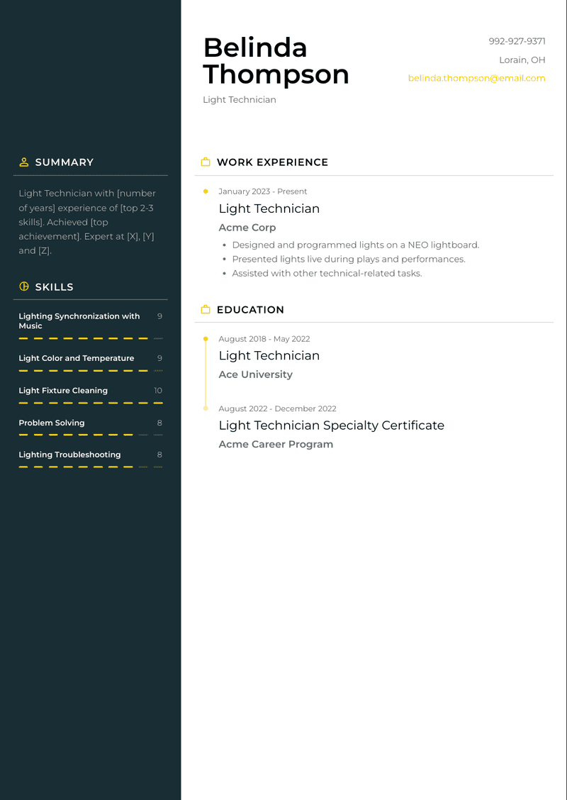 Light Technician Resume Sample and Template
