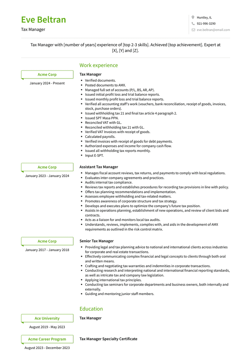 Tax Manager Resume Sample and Template