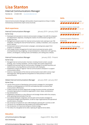 Internal Communications Manager Resume Sample and Template