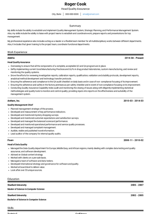 Head Quality Assurance Resume Sample and Template