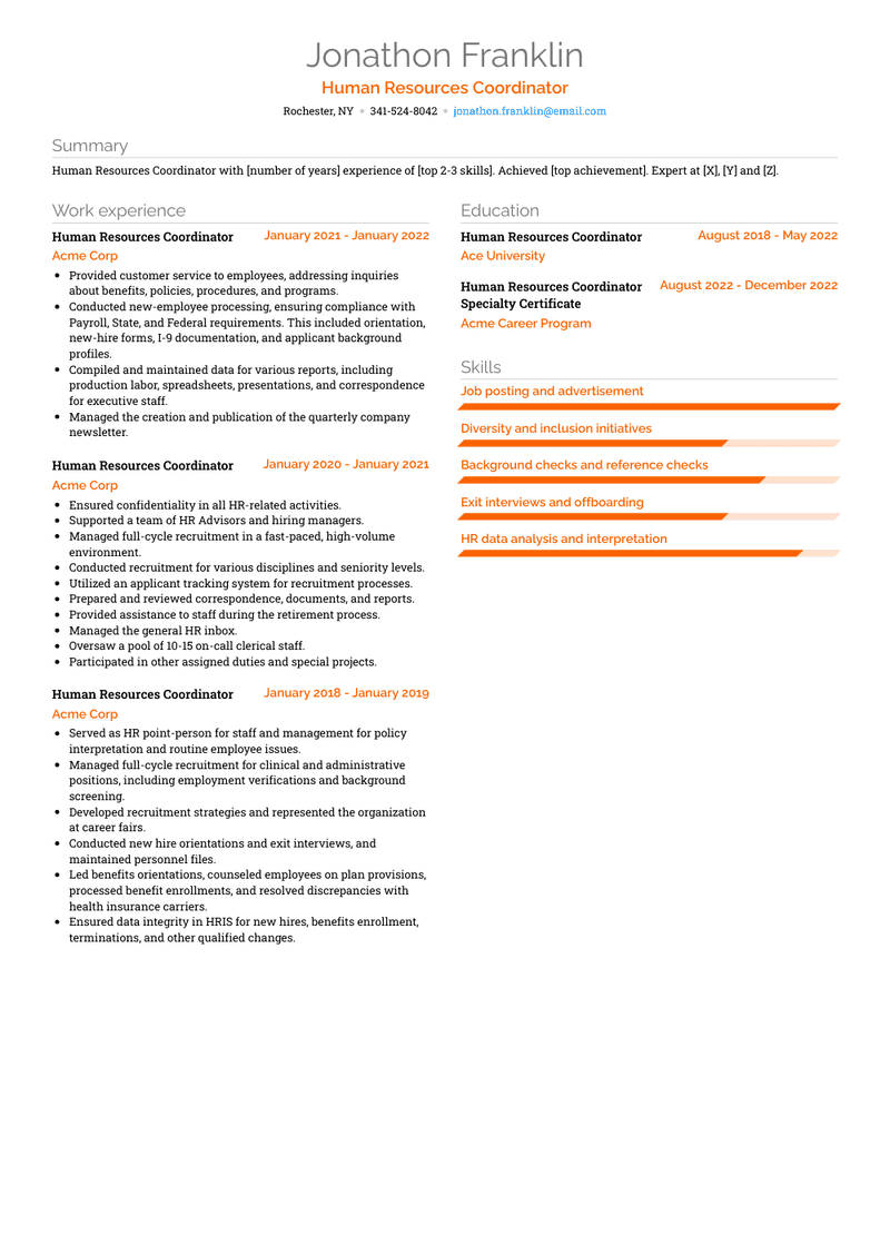 Human Resources Coordinator Resume Sample and Template