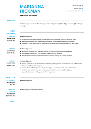 Warehouse Supervisor Resume Sample and Template