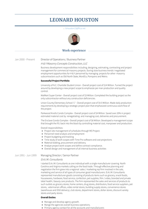 Director Of Operations / Business Partner Resume Sample and Template