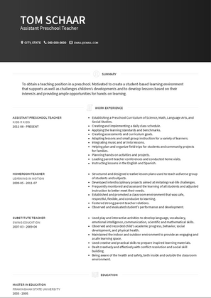 Assistant Preschool Teacher Resume Sample and Template