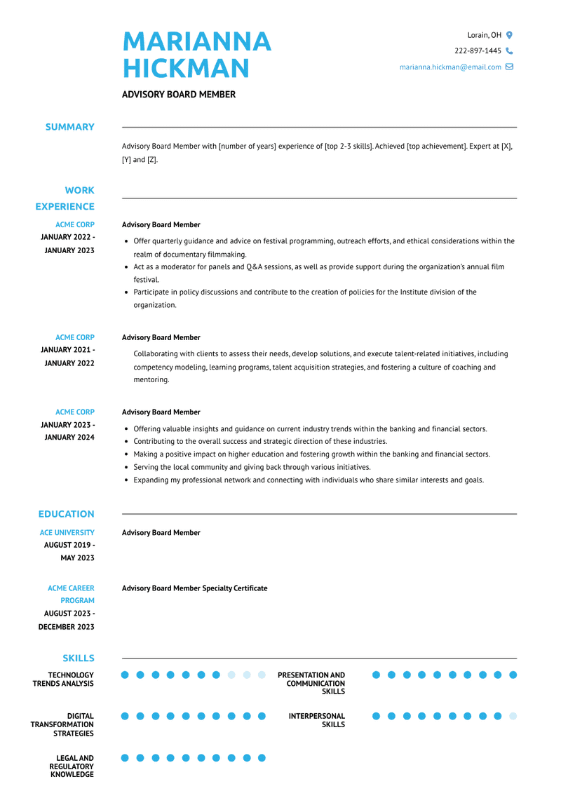 Advisory Board Member Resume Sample and Template