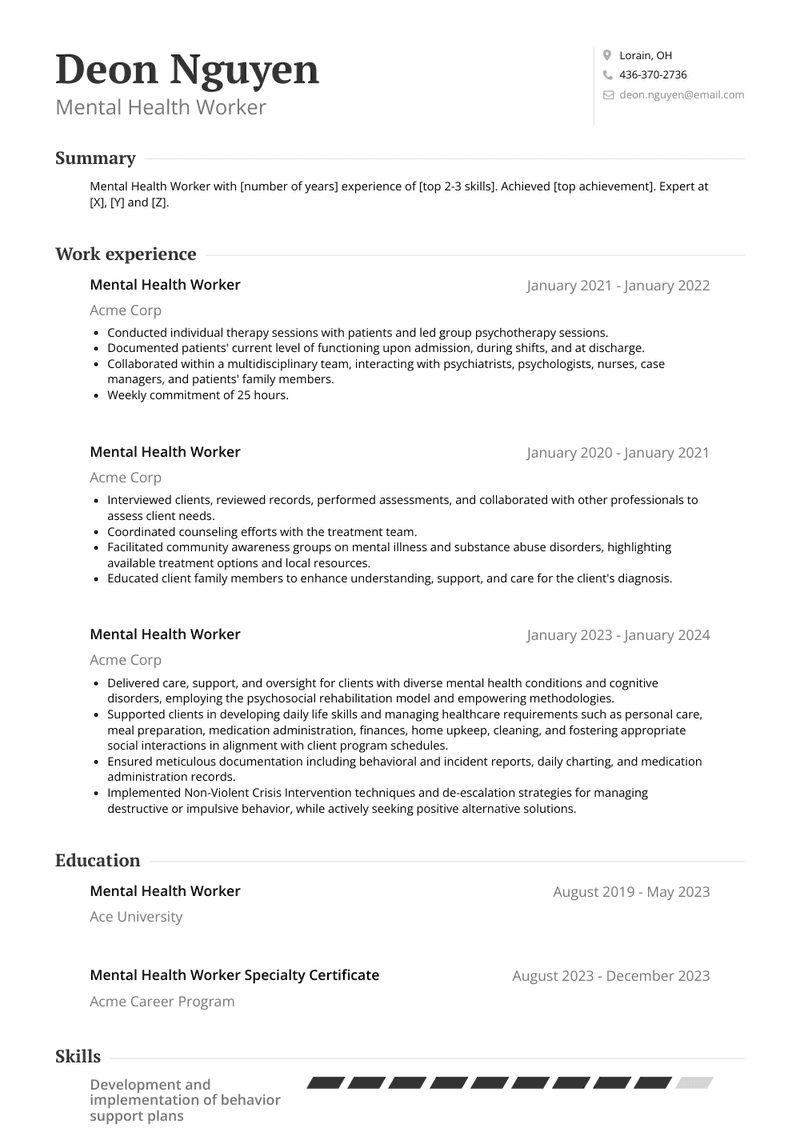 Mental Health Worker Resume Sample and Template