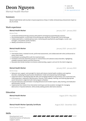 Mental Health Worker Resume Sample and Template