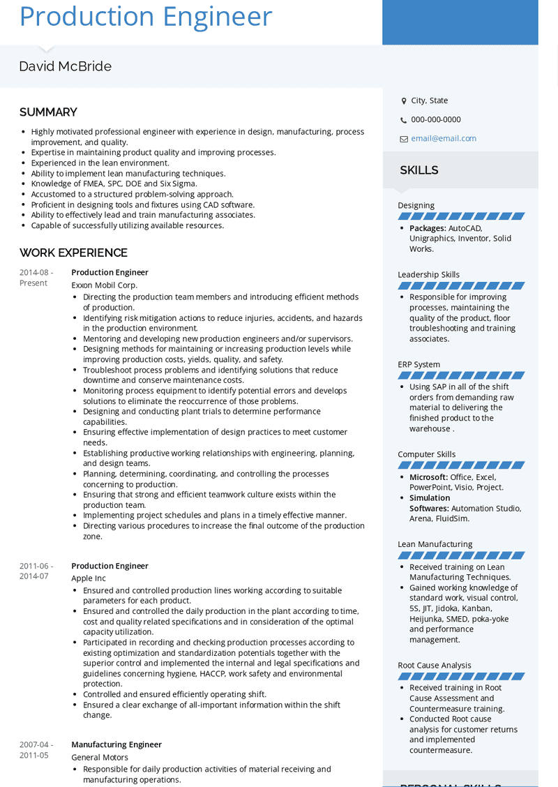 functional resume production engineer