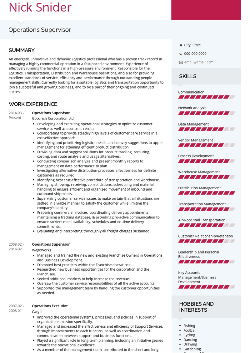 Operations Supervisor Resume Sample and Template