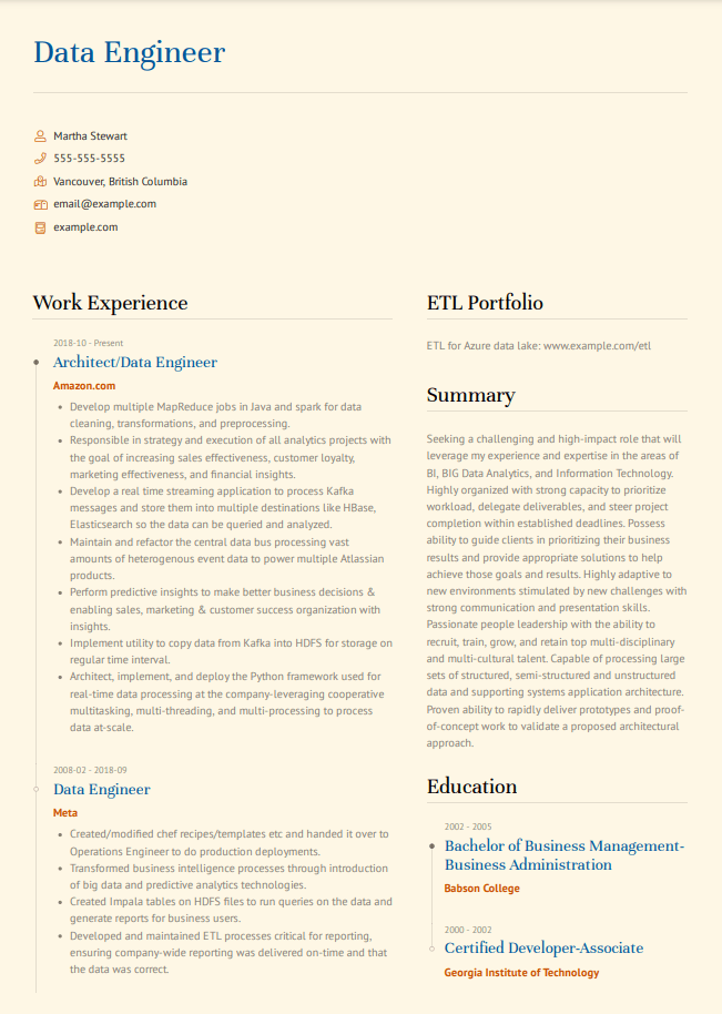 Canadian resume example for Data Engineer