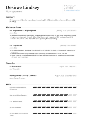 Plc Programmer Resume Sample and Template