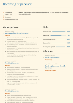 Receiving Supervisor Resume Sample and Template