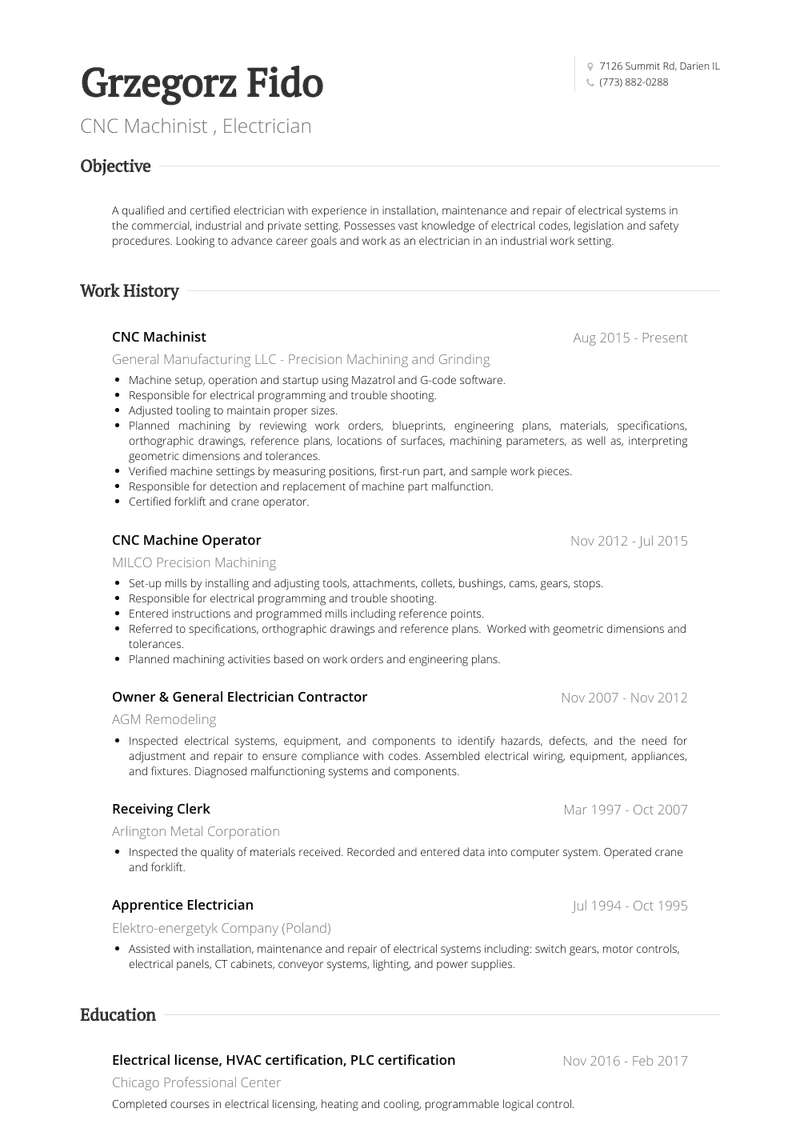 Cnc Machinist  Resume Sample and Template