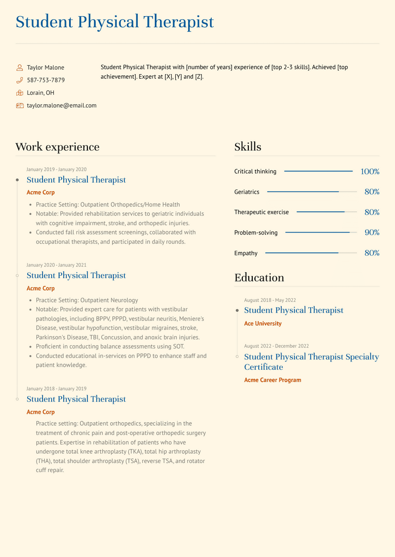 Student Physical Therapist Resume Sample and Template