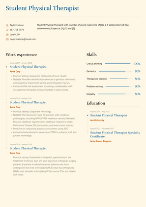 Student Physical Therapist Resume Sample and Template