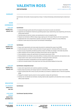 Cost Estimator Resume Sample and Template