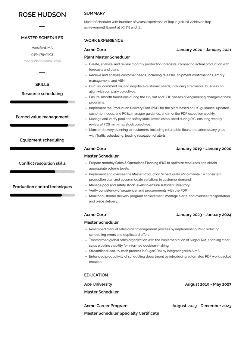 Master Scheduler Resume Sample and Template