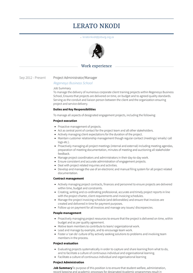 Project Administrator/Manager Resume Sample and Template