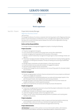 Project Administrator/Manager Resume Sample and Template