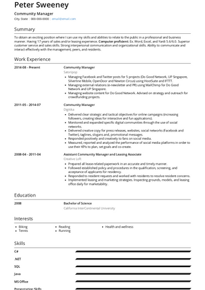 Community Manager Resume Sample and Template