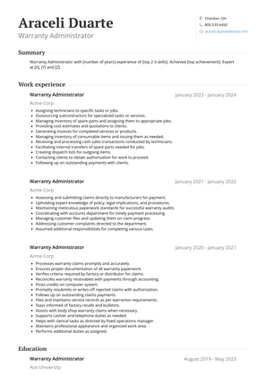 Warranty Administrator Resume Sample and Template