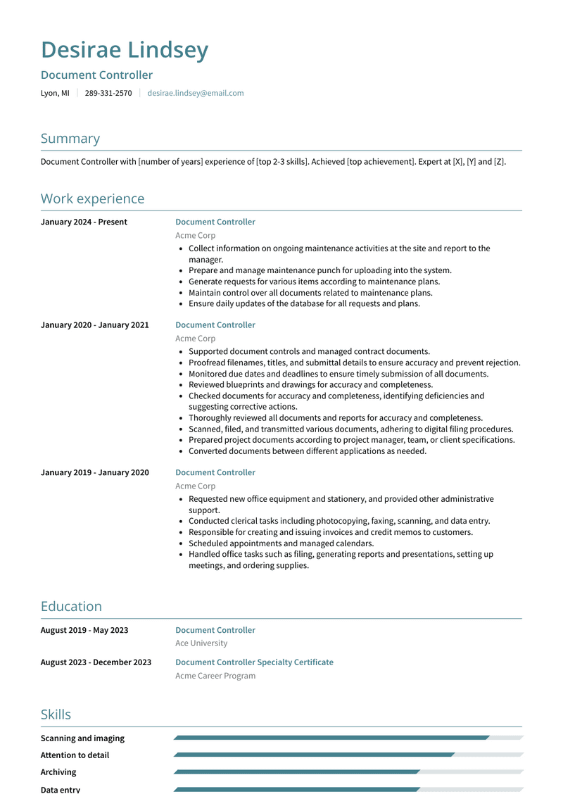 Document Controller Resume Sample and Template