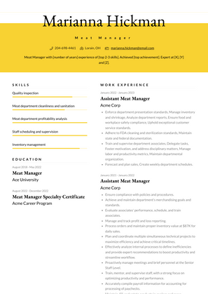 Meat Manager Resume Sample and Template