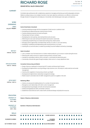 Senior Retail Sales Consultant Resume Sample and Template