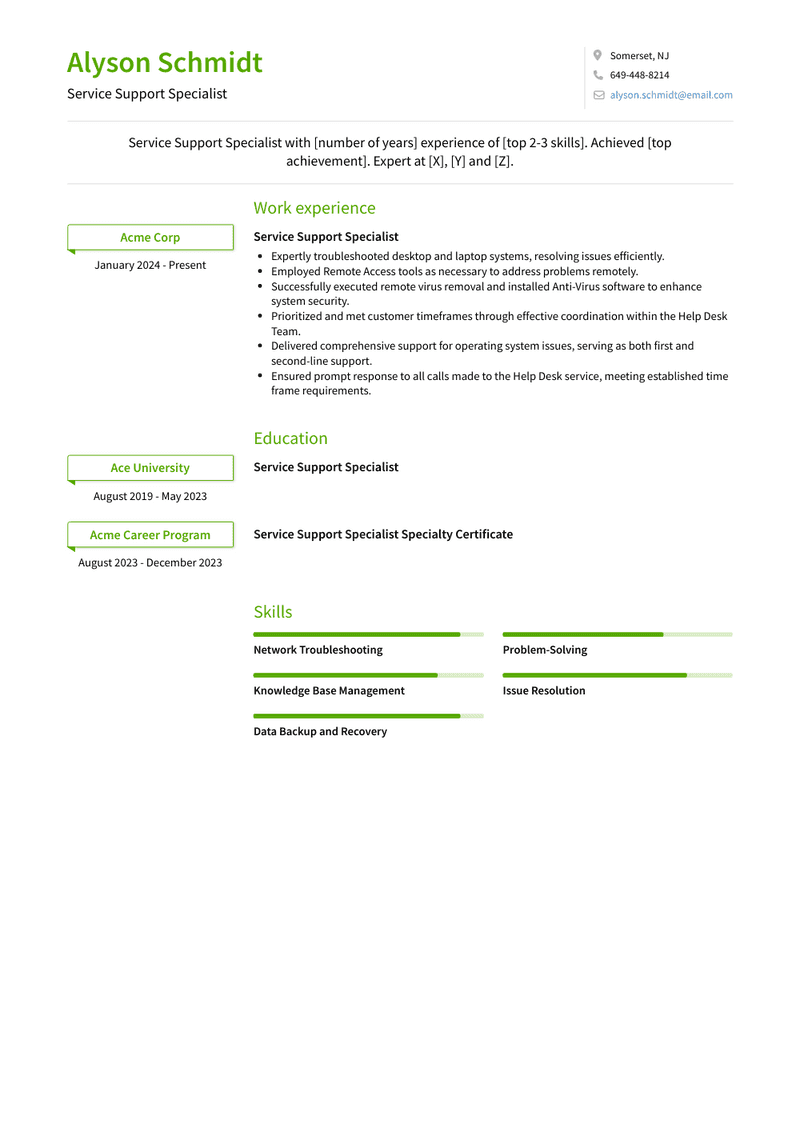 Service Support Specialist Resume Sample and Template