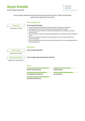 Service Support Specialist Resume Sample and Template