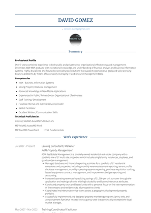 Leasing Consultant/ Marketer Resume Sample and Template