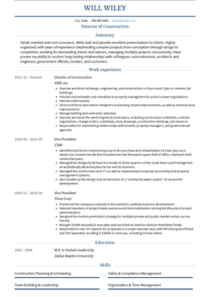 Director of Construction Resume Sample and Template